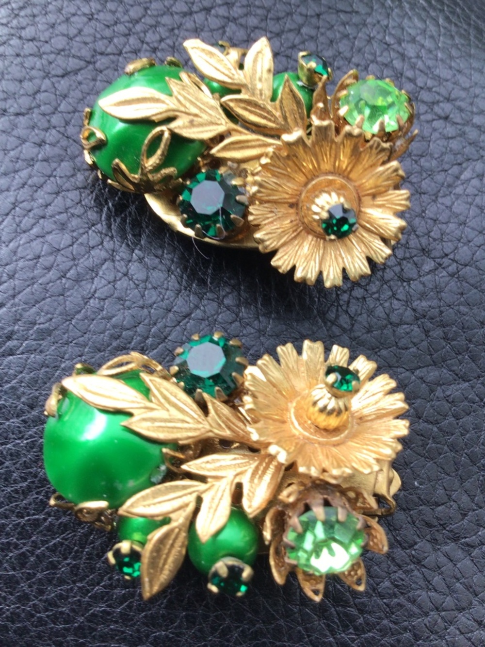 Vintage Gold-tone Filigree Clip-on Earrings with Green Pearls and Rhinestones
